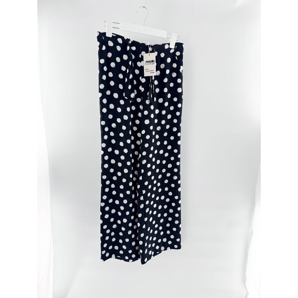 St. John Silk Polka Dot Pull On Mid Rise Wide Leg Trouser Pants Black White P/S